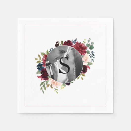 Blush Bourgogne Foto Monogram Floral Wedding Napki Servet (Voorkant)