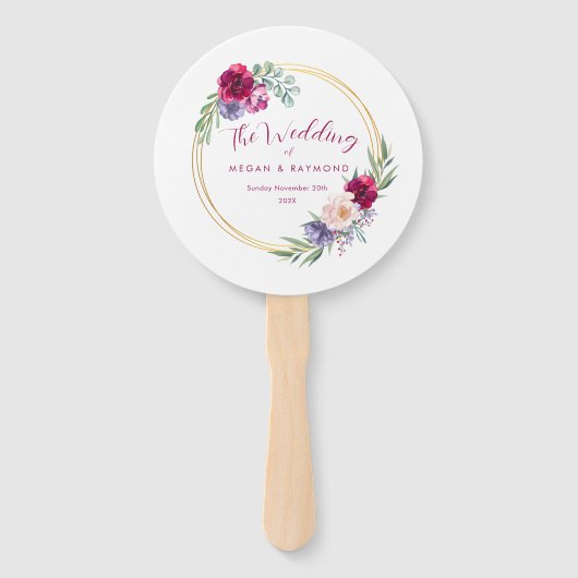 Blush Bourgogne & Gouden Bloom Bloemen Rustiek Handwaaier (Achterkant)