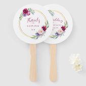 Blush Bourgogne & Gouden Bloom Bloemen Rustiek Handwaaier (Voorkant en achterkant)