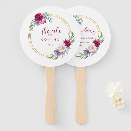 Blush Bourgogne & Gouden Bloom Bloemen Rustiek Handwaaier (Voorkant en achterkant)