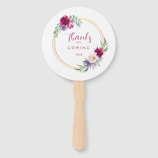 Blush Bourgogne & Gouden Bloom Bloemen Rustiek Handwaaier (Voorkant)