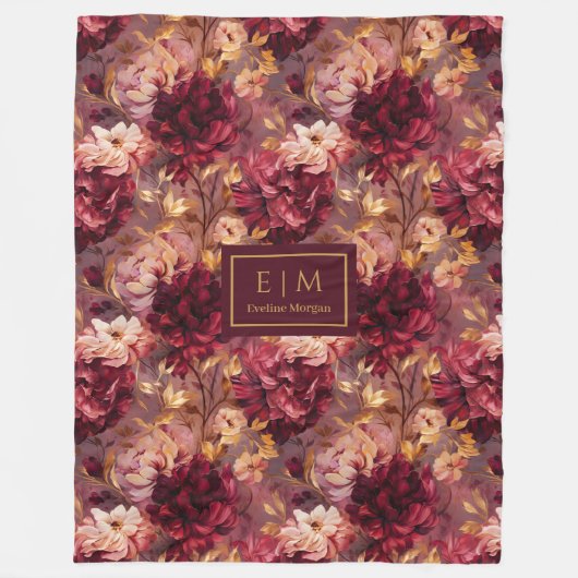  Blush Bourgogne Gouden Waterverf Bloemen Fleece Deken (Voorkant)
