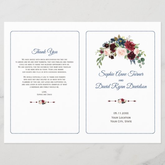 Blush Bourgogne Marsala Floral Wedding Programme Flyer (Voorkant)