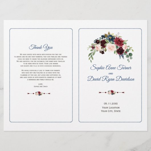 Blush Bourgogne Marsala Floral Wedding Programme Flyer (Voorkant)