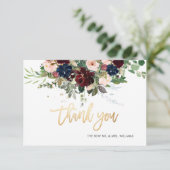 Blush Bourgogne Navy Bloemen Bedankt Faux Gold Kaart (Staand voorkant)