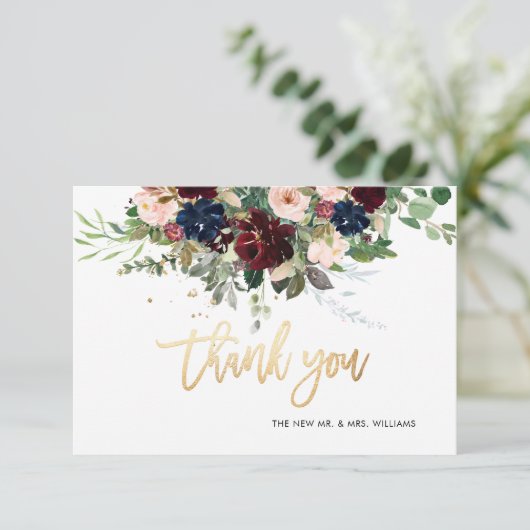 Blush Bourgogne Navy Bloemen Bedankt Faux Gold Kaart (Staand voorkant)