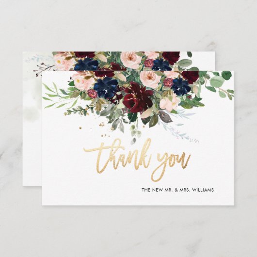 Blush Bourgogne Navy Bloemen Bedankt Faux Gold Kaart (Voorkant / Achterkant)