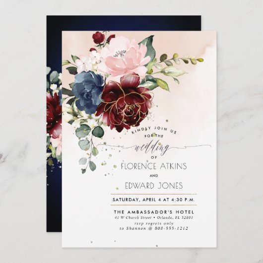 Blush Bourgogne Navy Waterverf Rozen Kaart (Voorkant / Achterkant)