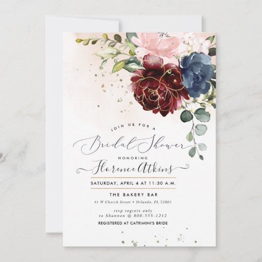 Blush Bourgogne Navy Waterverf Rozen Kaart (Voorkant)