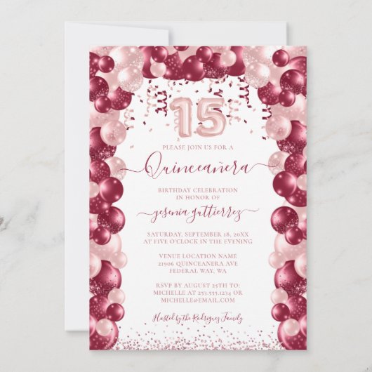 Blush Bourgogne Quinceañera Balononuitnodiging Kaart (Achterkant)