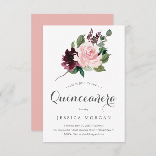 Blush Bourgogne Quinceanera Invitation Kaart (Voorkant / Achterkant)