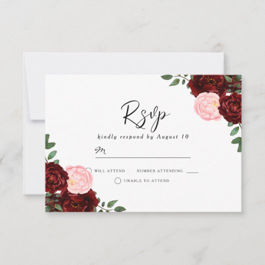 Blush & Bourgogne Red Flowers Prachtige bruiloft RSVP Kaartje (Voorkant)