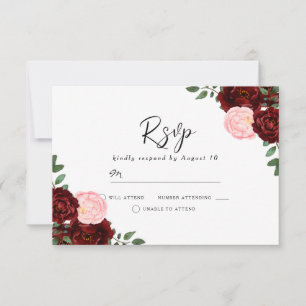Blush & Bourgogne Red Flowers Prachtige bruiloft RSVP Kaartje