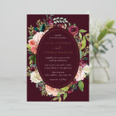 Blush Bourgogne Roos Gouden Bloemen Foliage Weddin Folie Uitnodiging (Staand Voorkant)