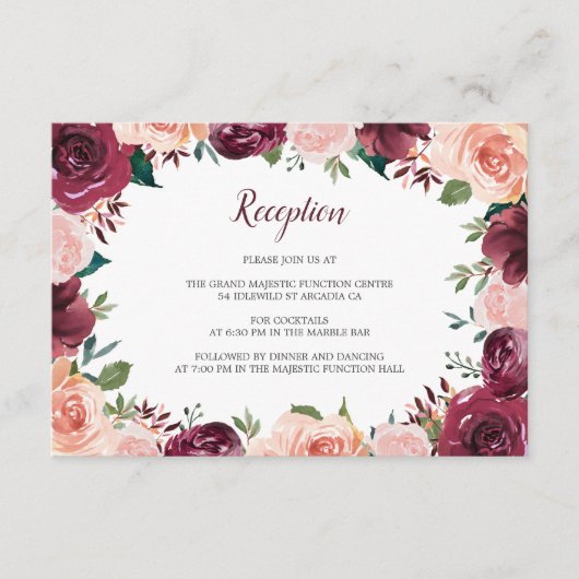 Blush Bourgogne Rozen Border Bruiloft Receptie Informatiekaartje (Voorkant)