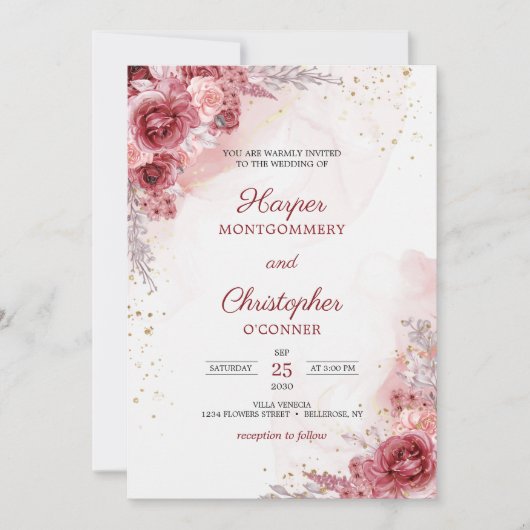 Blush Bourgogne Rozen Faux Gold Wedding Kaart (Voorkant)