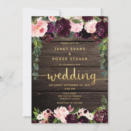 Blush Bourgogne Rustic Gold Calligraphy Wedding Kaart (Voorkant)