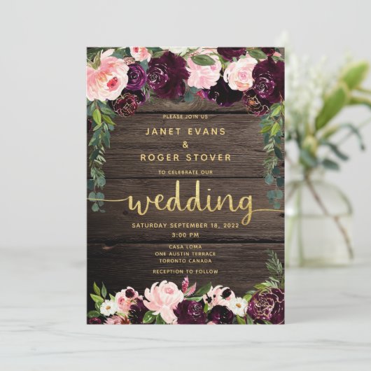 Blush Bourgogne Rustic Gold Calligraphy Wedding Kaart (Staand voorkant)