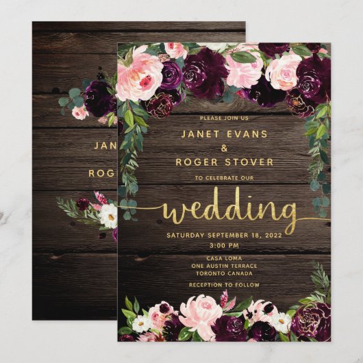 Blush Bourgogne Rustic Gold Calligraphy Wedding Kaart (Voorkant / Achterkant)