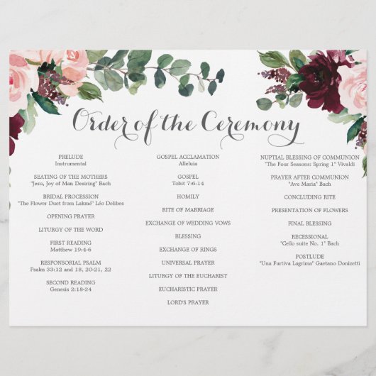Blush Bourgogne Tri-Fold Wedding Program Memory Flyer (Achterkant)