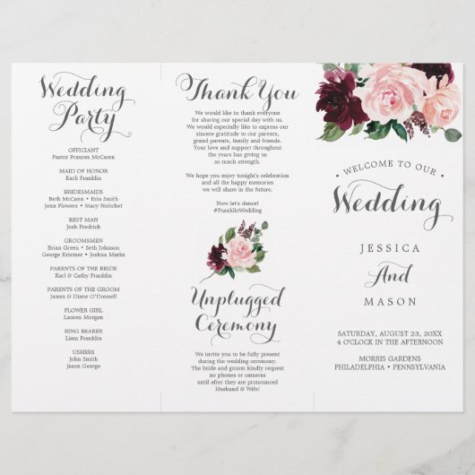 Blush Bourgogne Tri-Fold Wedding Program met Menu (Voorkant)