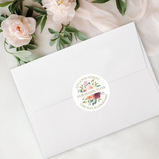 Blush Bourgogne Waterverf Bloemen Retouradres Ronde Sticker