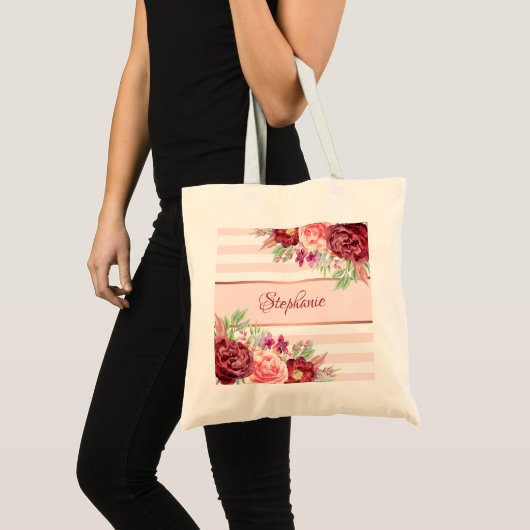 Blush Bourgogne Waterverf Floral Monogram Strepen Tote Bag (Voorkant (product))