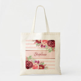 Blush Bourgogne Waterverf Floral Monogram Strepen Tote Bag