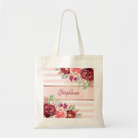 Blush Bourgogne Waterverf Floral Monogram Strepen Tote Bag (Voorkant)