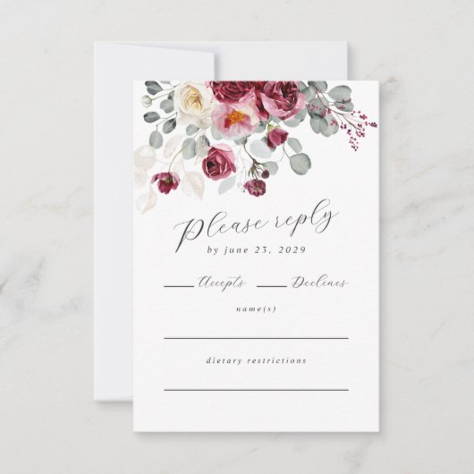 Blush & Bourgogne Waterverf Floral QR Code RSVP Kaartje (Voorkant)