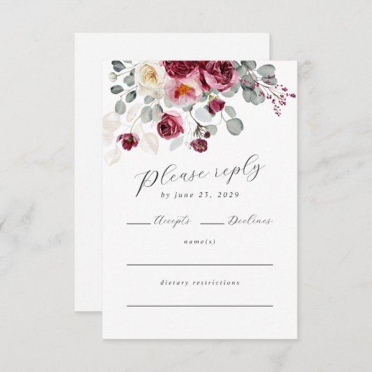 Blush & Bourgogne Waterverf Floral QR Code RSVP Kaartje (Voorkant / Achterkant)