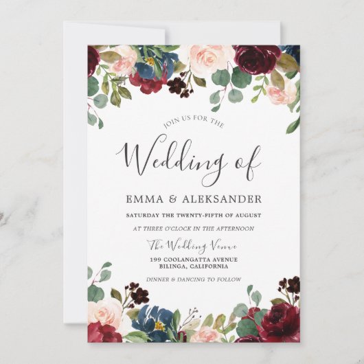 Blush & Bourgogne Waterverf Floral Wedding Invite Kaart (Voorkant)