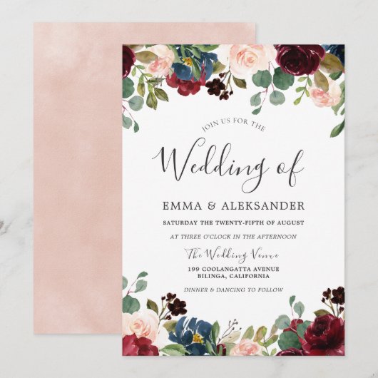Blush & Bourgogne Waterverf Floral Wedding Invite Kaart (Voorkant / Achterkant)