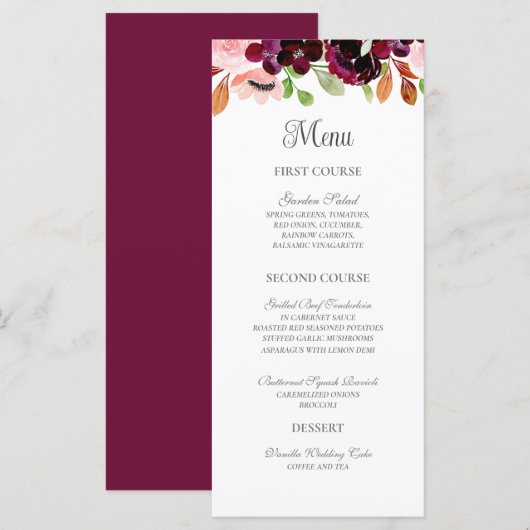 Blush Bourgogne Waterverf herfst Floral Wedding Menu (Voorkant / Achterkant)