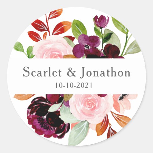 Blush Bourgogne Waterverf herfst Floral Wedding Ronde Sticker (Voorkant)