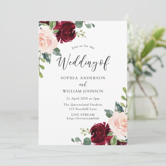 Blush & Bourgogne Wedding Live Stream Option Kaart (Staand voorkant)