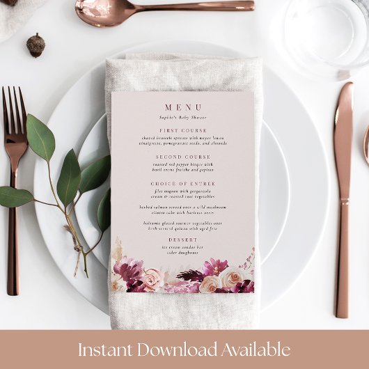 Blush & Bourgondië Bloemen Rand Menu Kaart