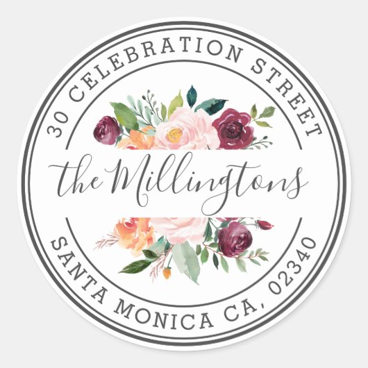 Blush Bourgondië Bloemen Retouradres Envelope Seal Ronde Sticker (Voorkant)