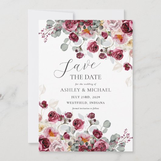 Blush & Bourgondië Bloemen Trouwen Save The Date Kaart (Voorkant)