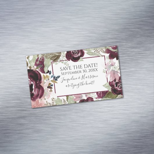 Blush Bourgondië bloemenelegante bladeren datum op Magnetisch Visitekaartje (Voorbeeld)