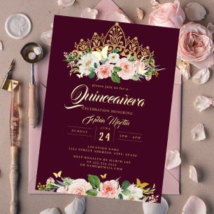 Blush Bourgondië Bloemvlinder Tiara Quinceanera Folie Uitnodiging