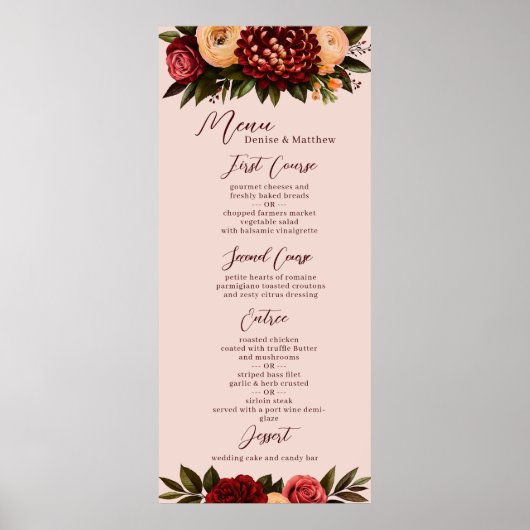 Blush & Bourgondië Chrysanthemum Wedding Menu Poster (Voorkant)
