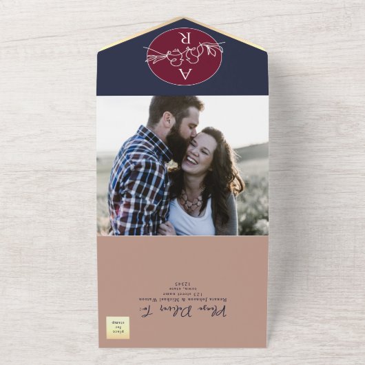 Blush Bourgondië en Navy Blue Bruiloft All In One Uitnodiging (Buitenkant)