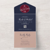 Blush Bourgondië en Navy Blue Bruiloft All In One Uitnodiging (Binnen)