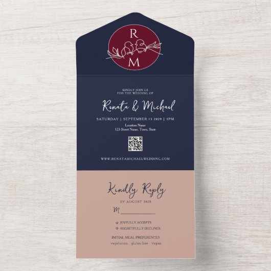 Blush Bourgondië en Navy Blue Bruiloft All In One Uitnodiging (Binnen)