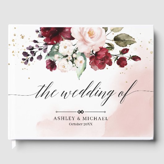 Blush Bourgondië en roze bloemen bruiloft gastenbo Gastenboek (Voorkant)