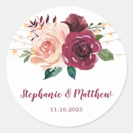 Blush Bourgondië Floral Lights Waterverf Bruiloft Ronde Sticker
