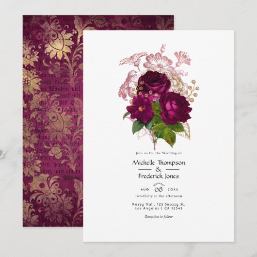 Blush Bourgondië Goud Shabby Bloem Bruiloft QR Cod Kaart (Voorkant / Achterkant)