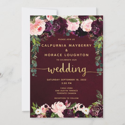 Blush Bourgondië Parade Gouden Kalligrafie Huwelij Kaart (Voorkant)