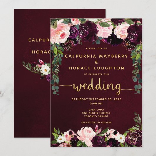 Blush Bourgondië Parade Gouden Kalligrafie Huwelij Kaart (Voorkant / Achterkant)